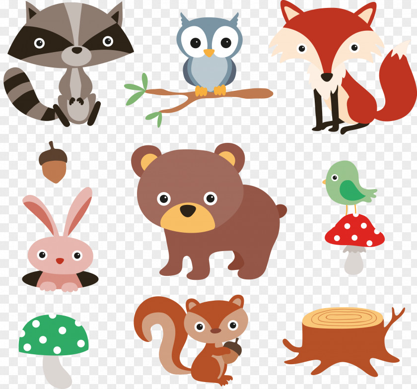 9 Cartoon Forest Animals And Plants Vector Material Squirrel Raccoon PNG