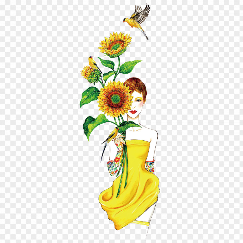 Fashion Illustration Drawing Illustrator PNG illustration Illustration, Girl in the hands of sunflowers clipart PNG