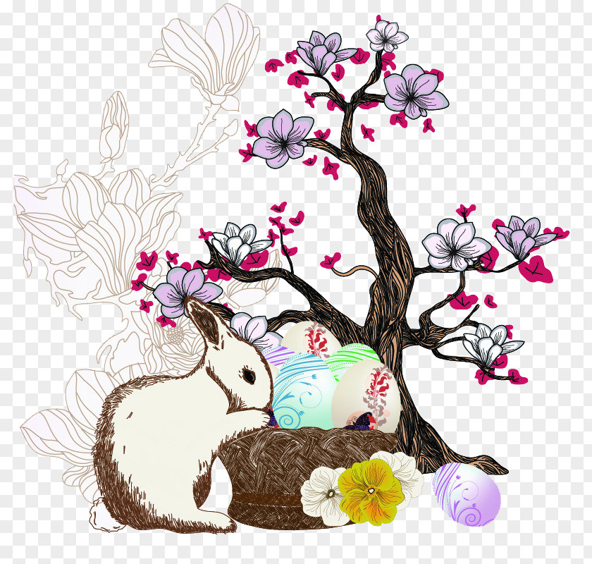 Hand-painted Cartoon Rabbit Eggs Southern Magnolia Drawing Tree Illustration PNG