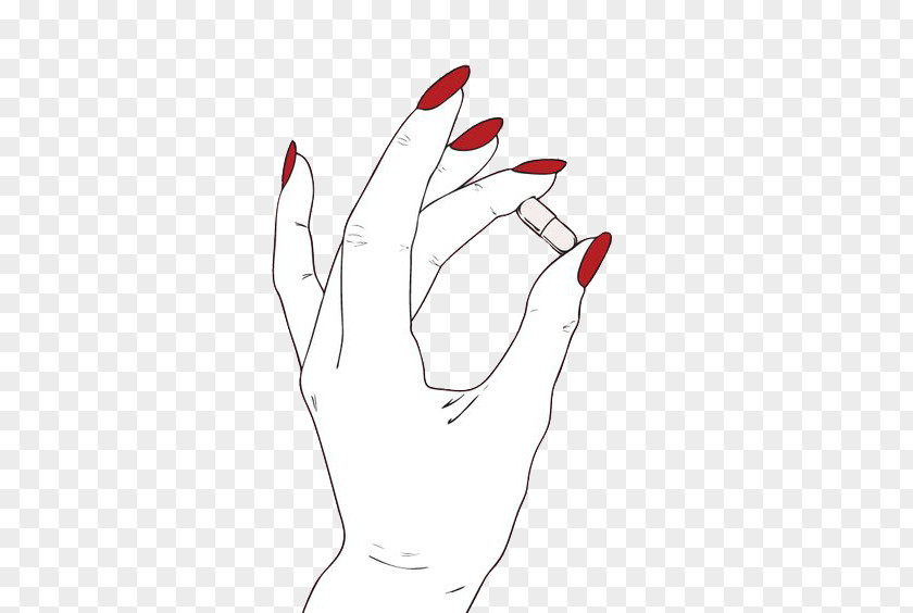 Red Nails Hand Holding Pills Nail Drawing PNG