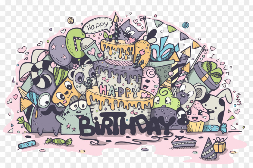 Birthday Cake With Cartoon Animals PNG