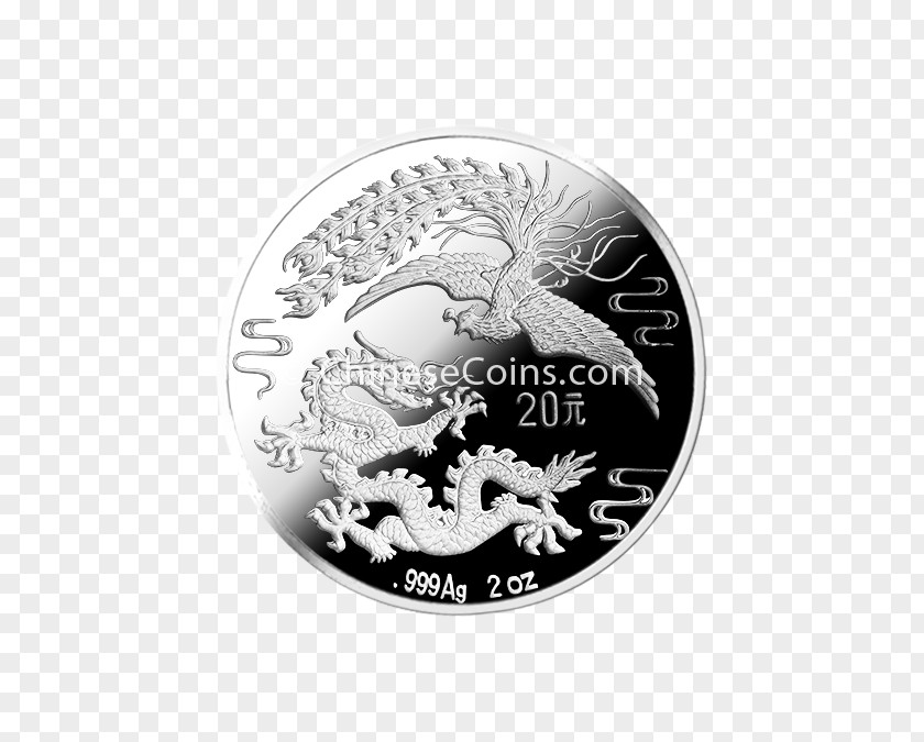 Silver Coin Metallic Dragon Fenghuang PNG