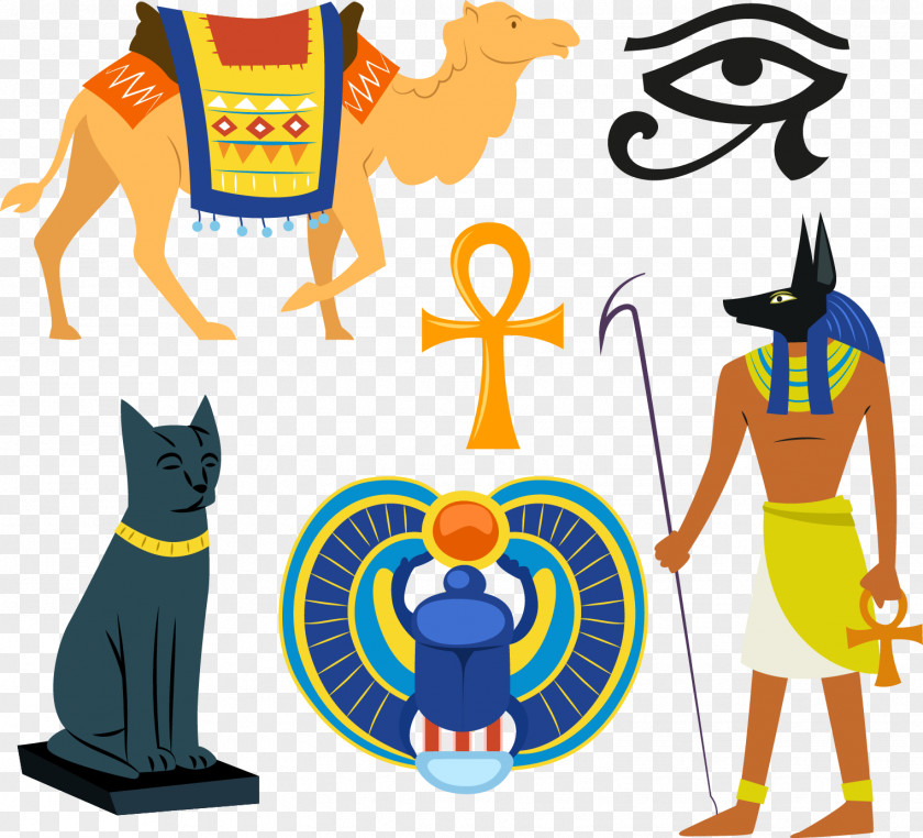 Ancient Egyptian Decorative Elements Pyramids Deities Pharaoh Illustration PNG