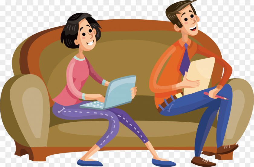 Two People On The Sofa Cartoon Illustration PNG