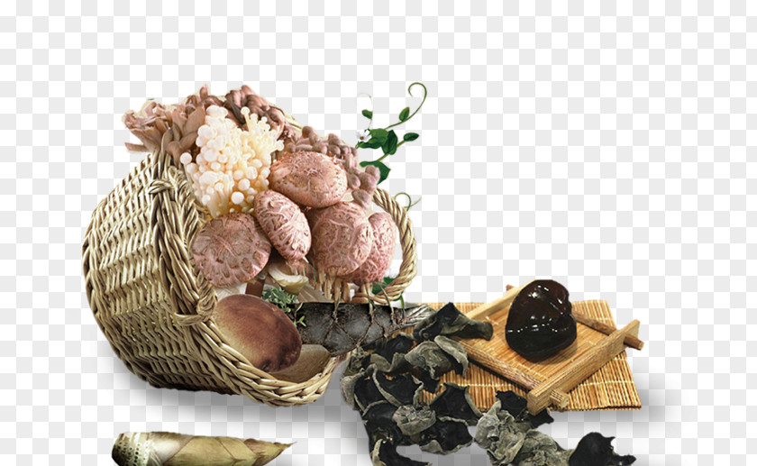 Chinese Wind Bamboo Basket Black Fungus Mushrooms Shoots Herbs And Wooden Slips Shiitake Chinoiserie PNG