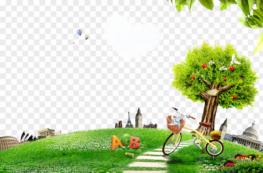 Cartoon Bicycle Under The Tree Poster Wallpaper PNG