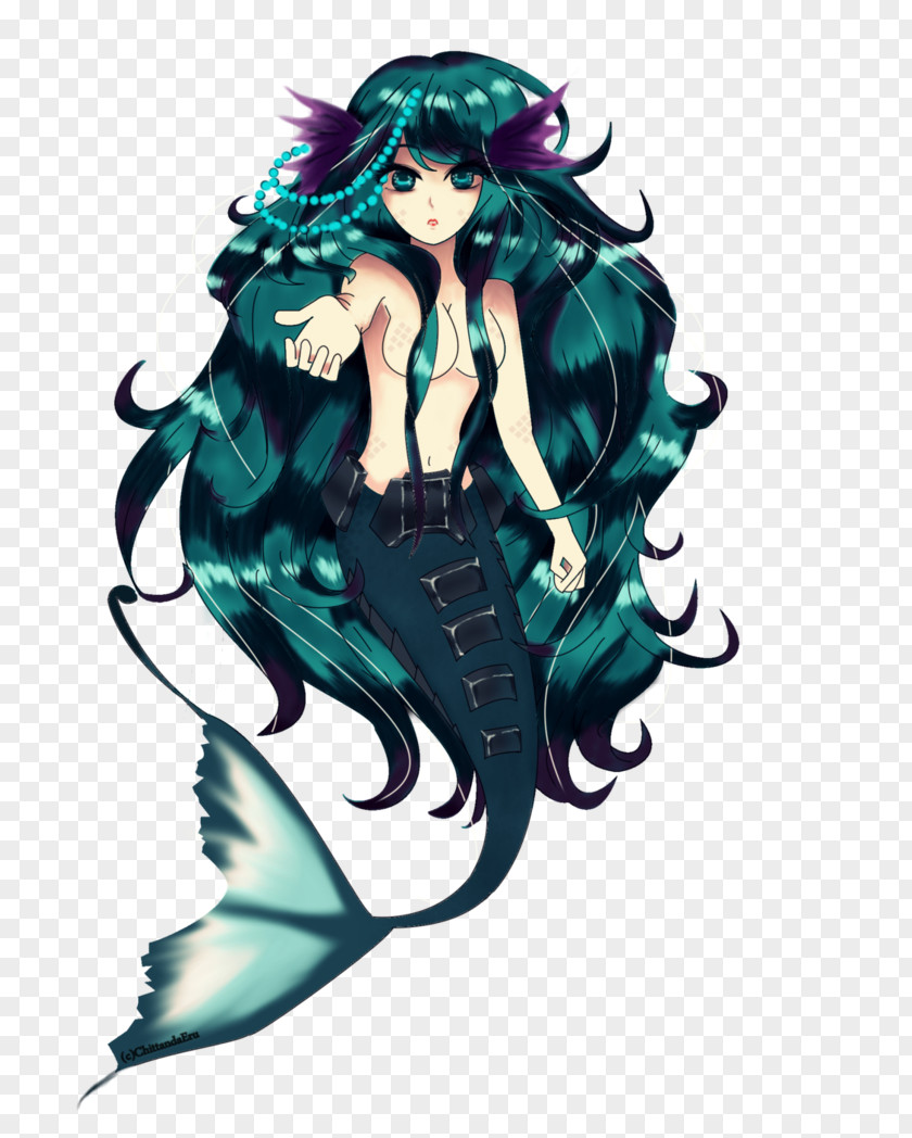 Mermaid Graphic Design Black Hair Teal PNG