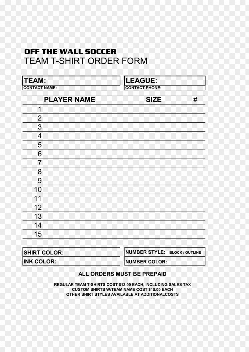 Order FOrm Template Document T-shirt Form PNG