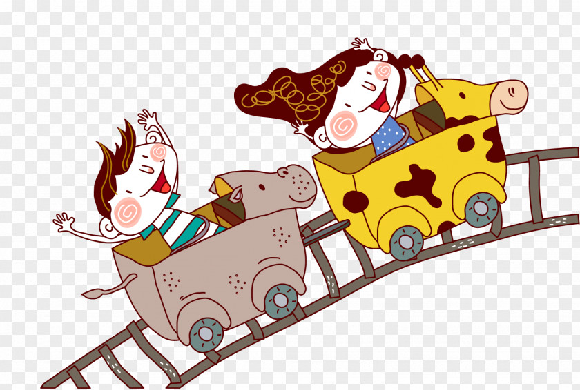 Friends Playing Amusement Park Roller Coaster Illustration PNG