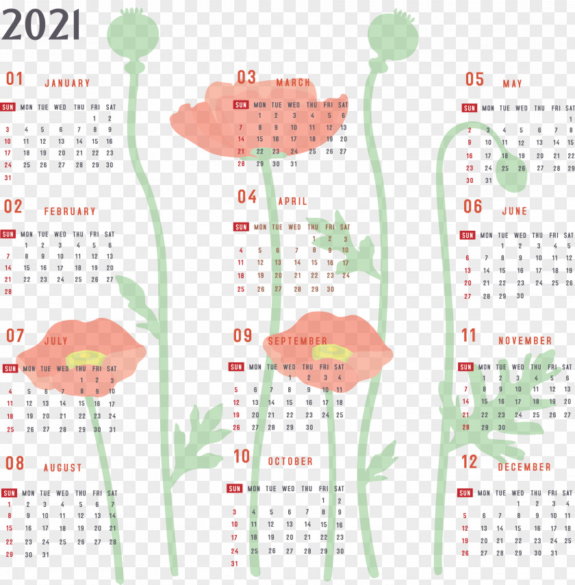 Year 2021 Calendar Printable Yearly Full PNG