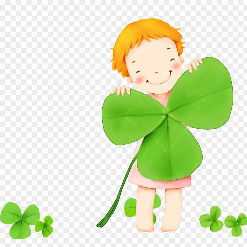 Children Holding Clover Cartoon Drawing Illustration PNG