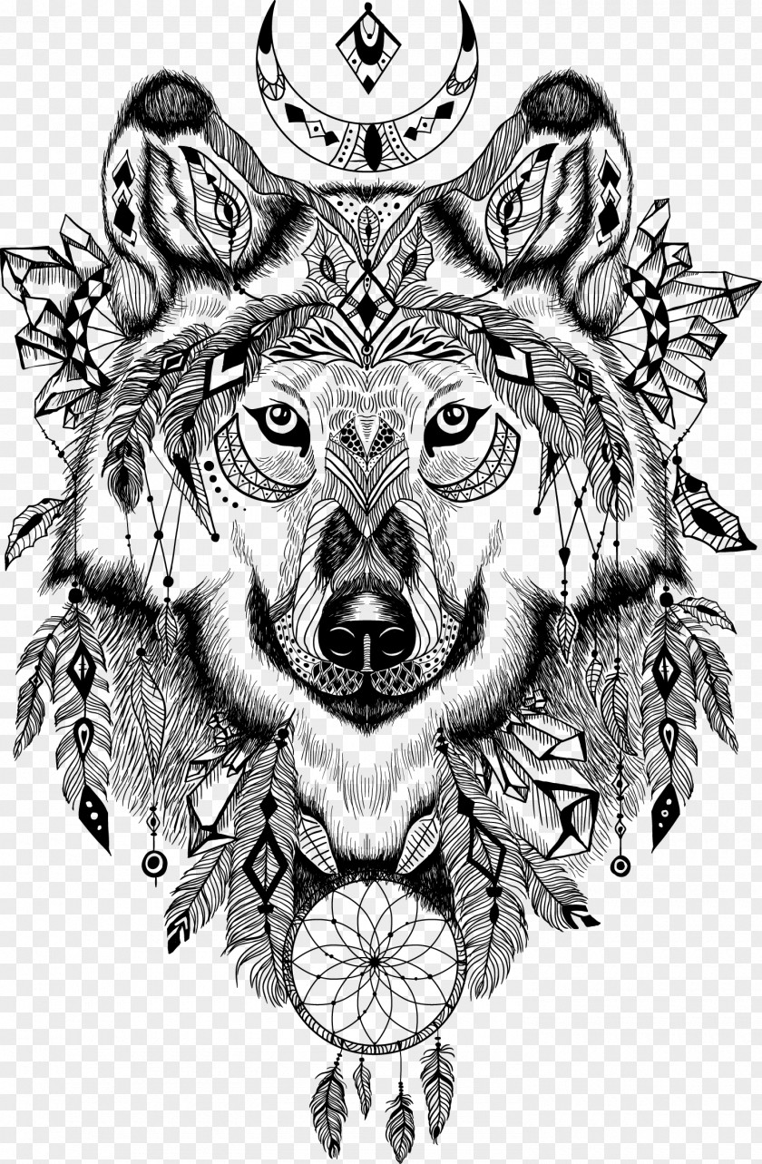 Vector Black Wolf Totem Gray Wall Decal Aztec Illustration PNG