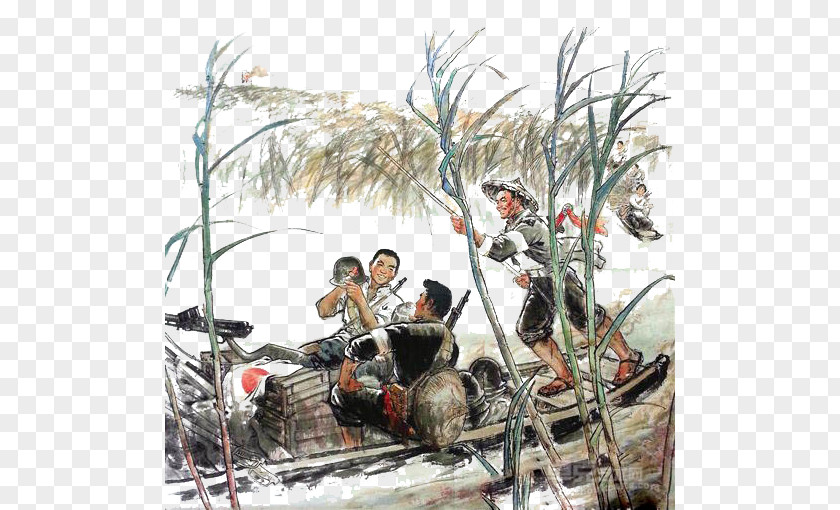 Red Army Rowing In Reed Marshes Second Sino-Japanese War Chinese Painting PNG