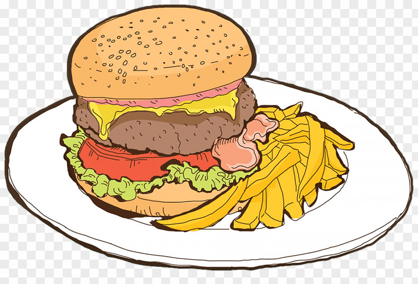 Cartoon Hand Painted Burger Cheeseburger Hamburger Fast Food French Fries Cafe PNG