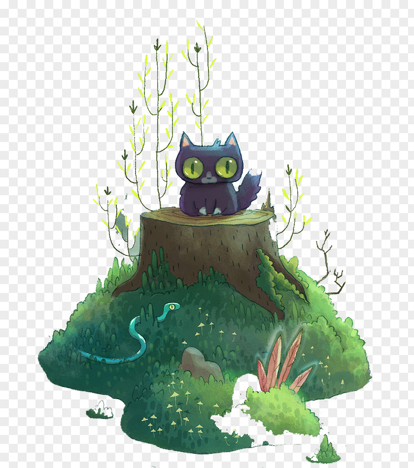 Kitten Standing On The Stump Tree Character Animal Fiction Illustration PNG