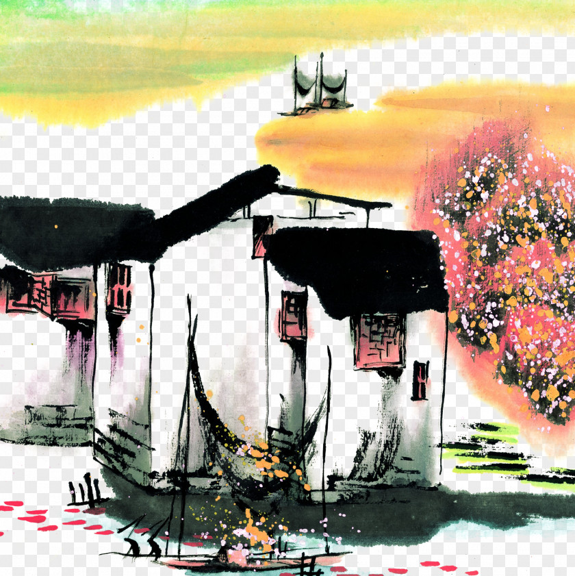 Water Painting In Jiangnan Village Ink Wash PNG