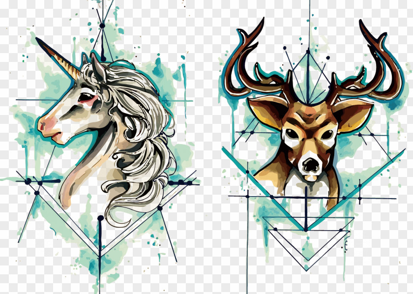 Vector Unicorn And Deer Watercolor Painting PNG