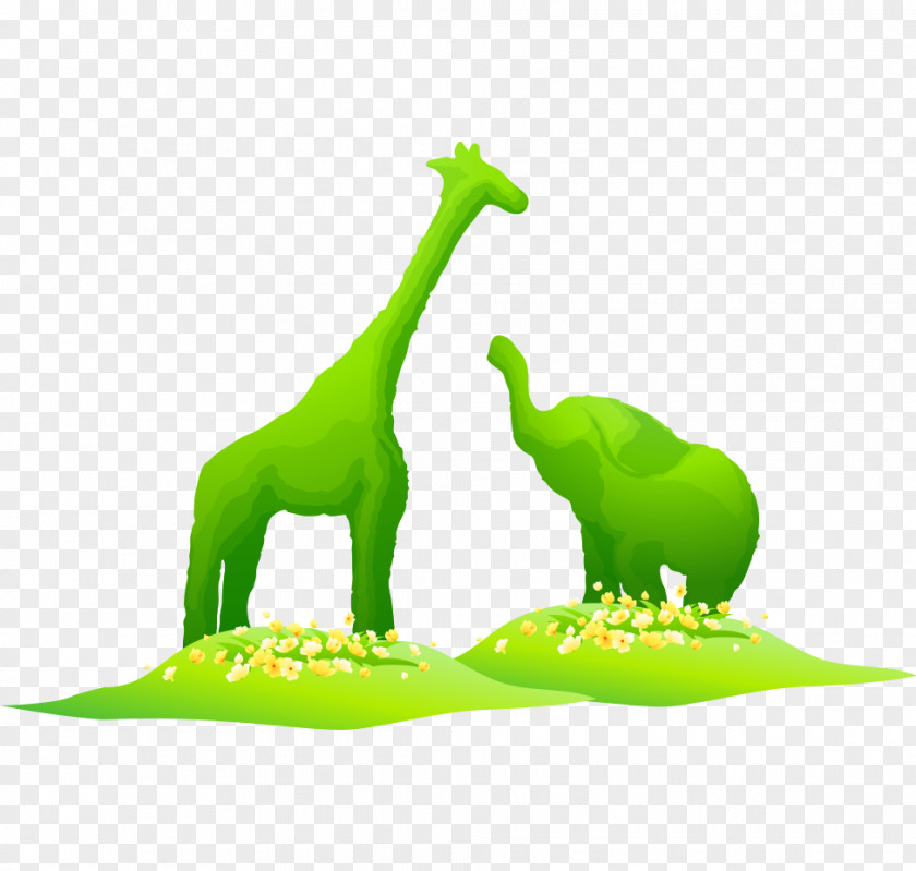 Hand-painted Cartoon Elephant Giraffe Green Clip Art PNG