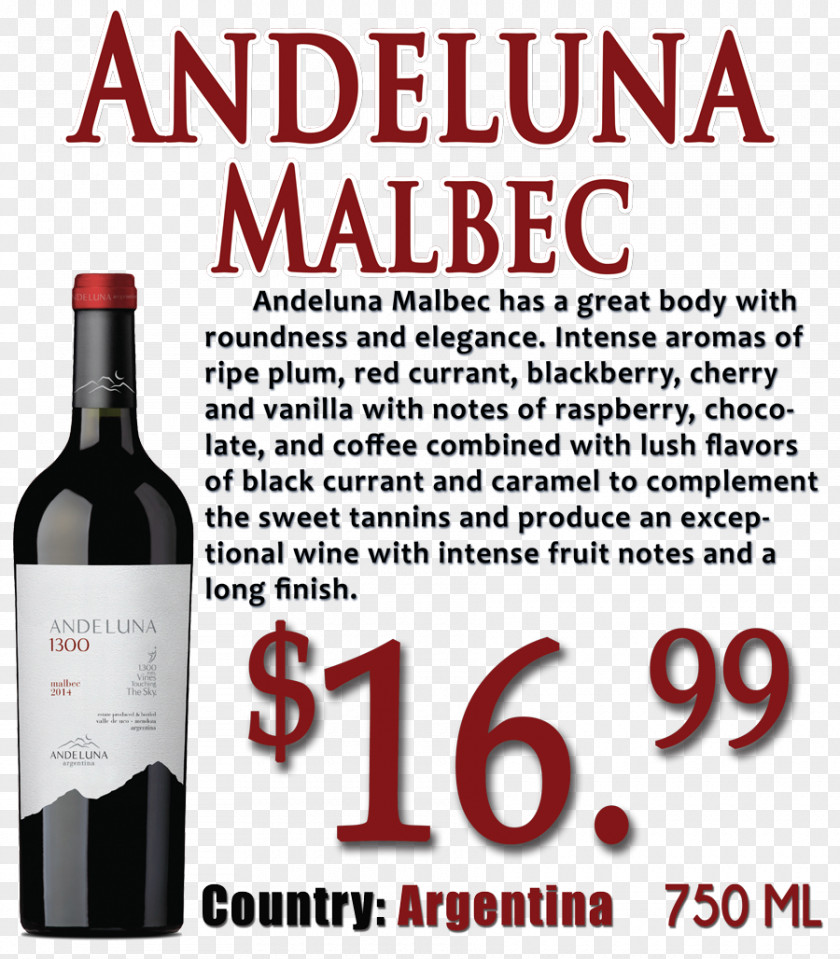 Wine Red Malbec Uco Valley Bodega Andeluna PNG