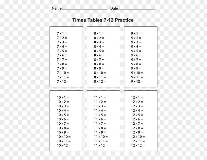 Table Multiplication The Times Tables Worksheet PNG