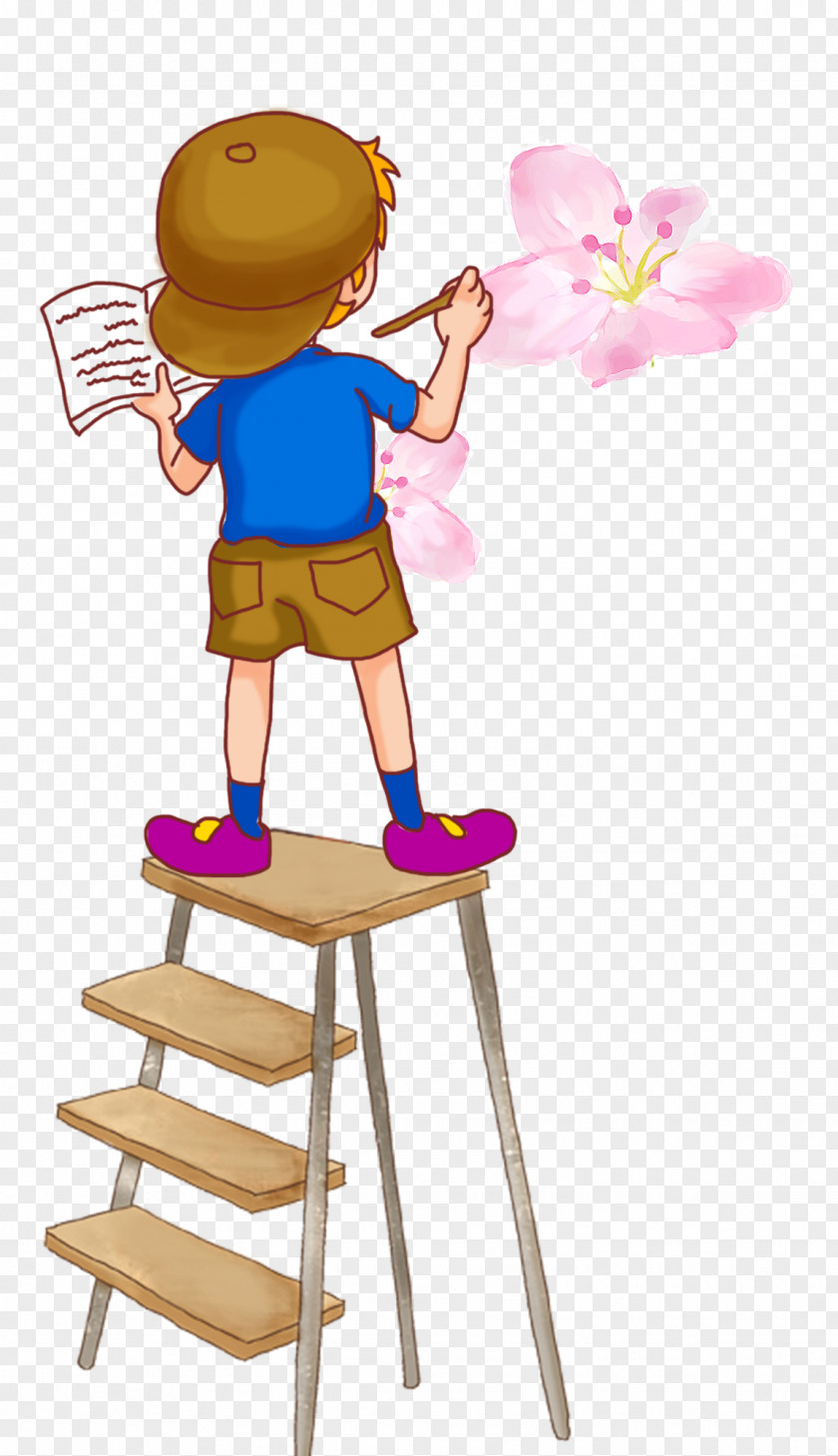 A Cartoon Boy Standing On Ladder Drawing Painting Illustration PNG