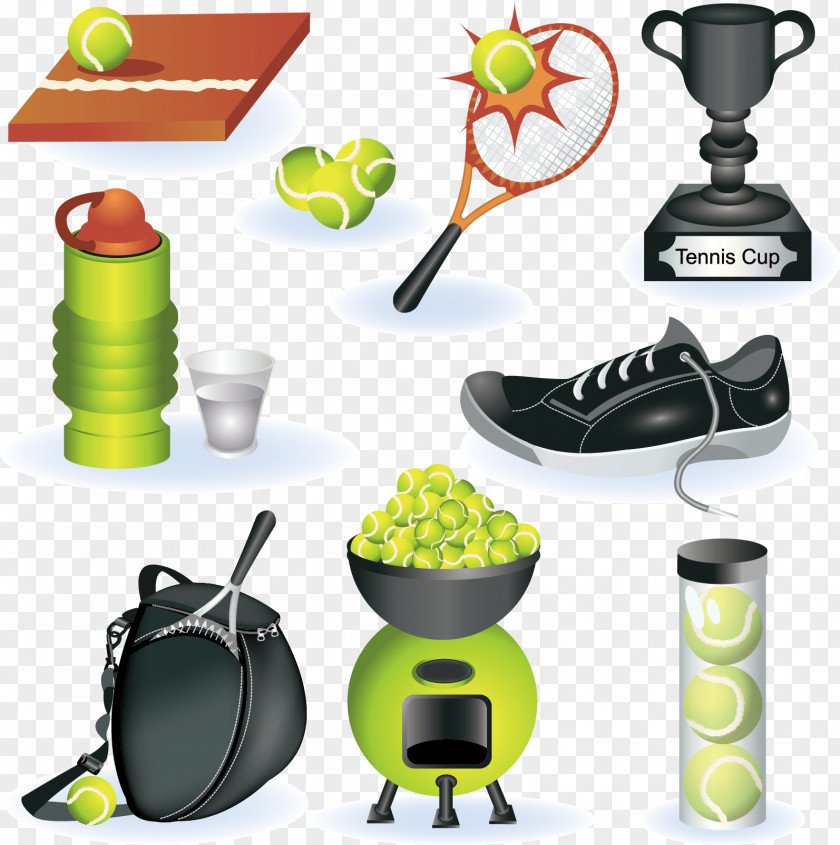 Cartoon Tennis Design Elements Vector Material Ball Sports Equipment Racket PNG