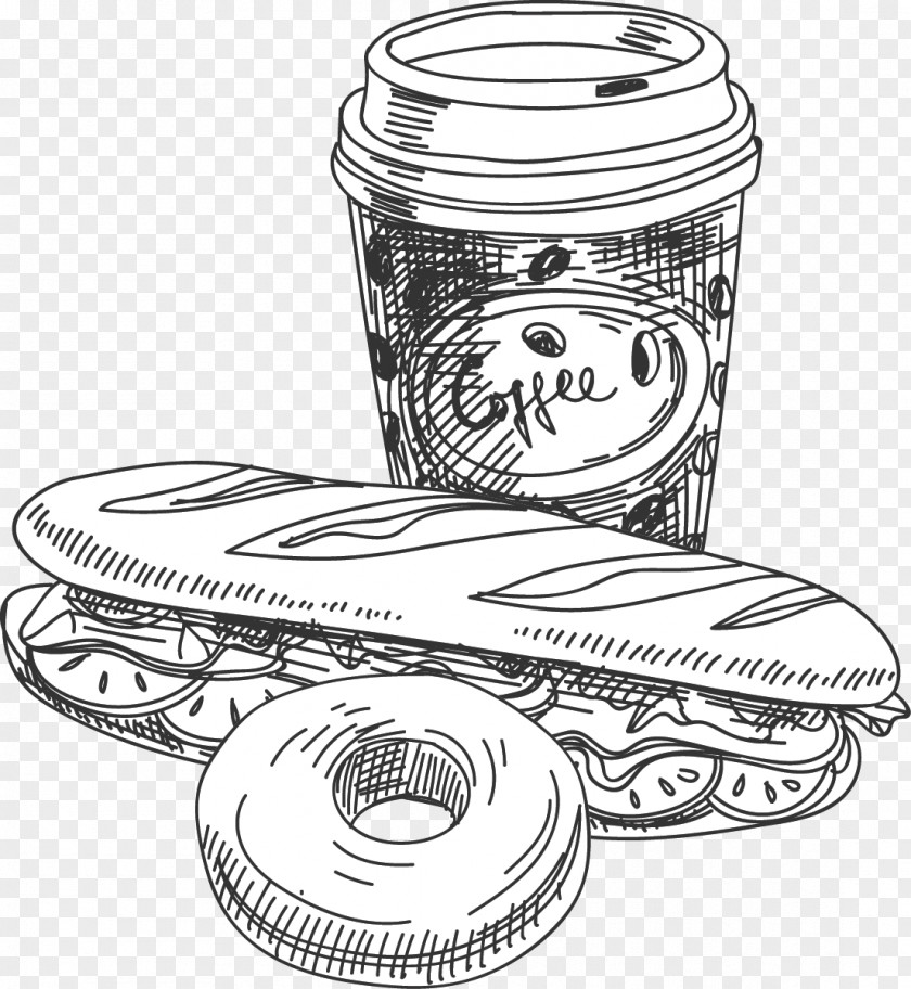 Hand-painted Coffee Hot Dog Snack Food Donut Line Art Doughnut Fast Cafe PNG