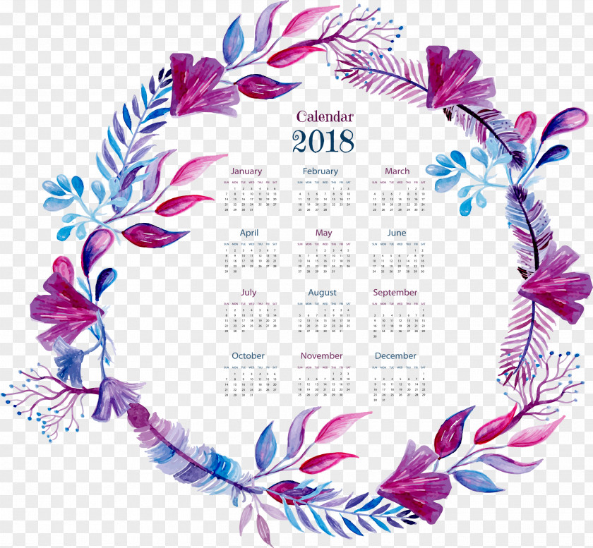 Exquisite Purple Watercolor Wreath Calendar Painting PNG