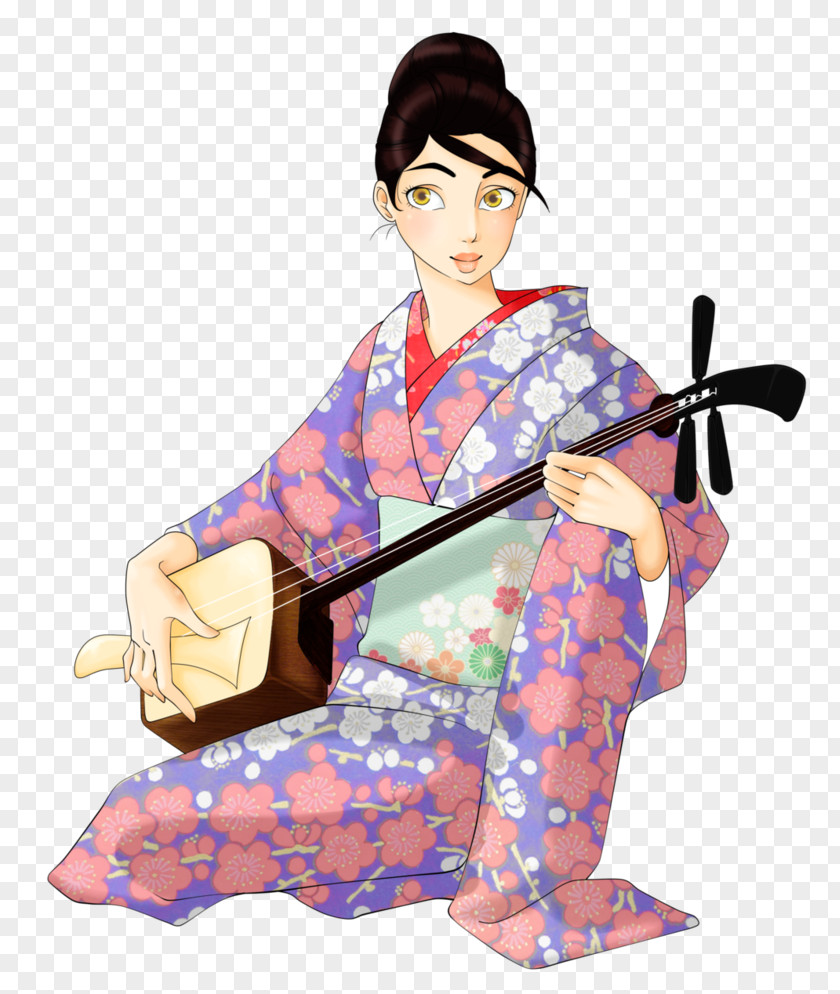 Shamisen Geisha Kimono Cartoon PNG