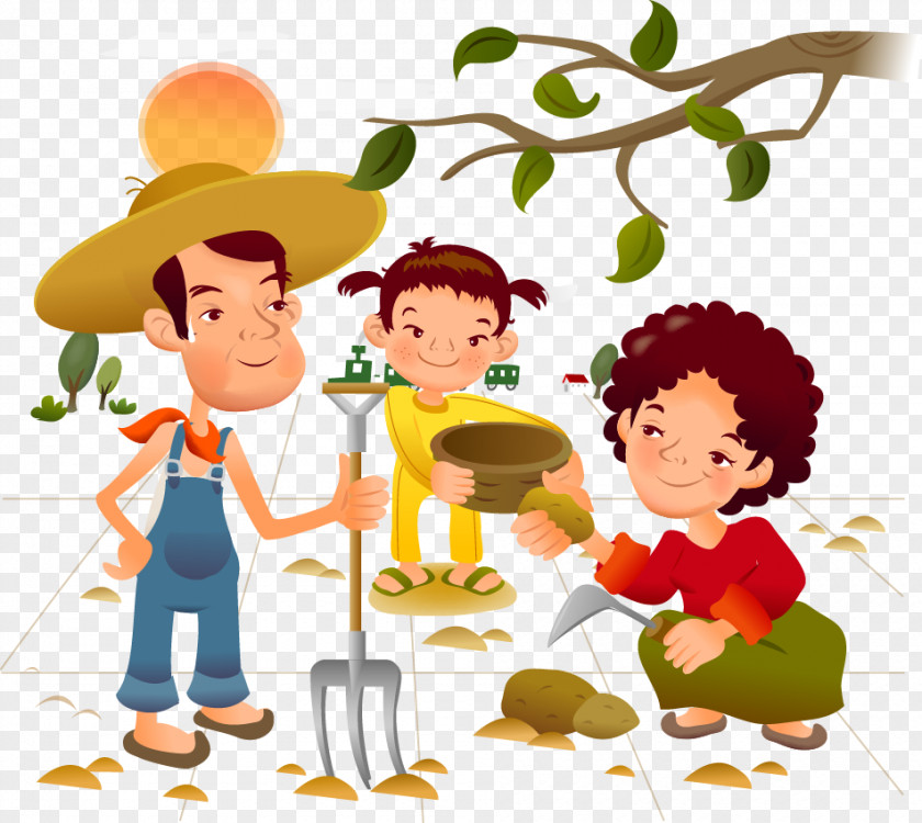 Together As A Family Farming Cartoon Illustration PNG