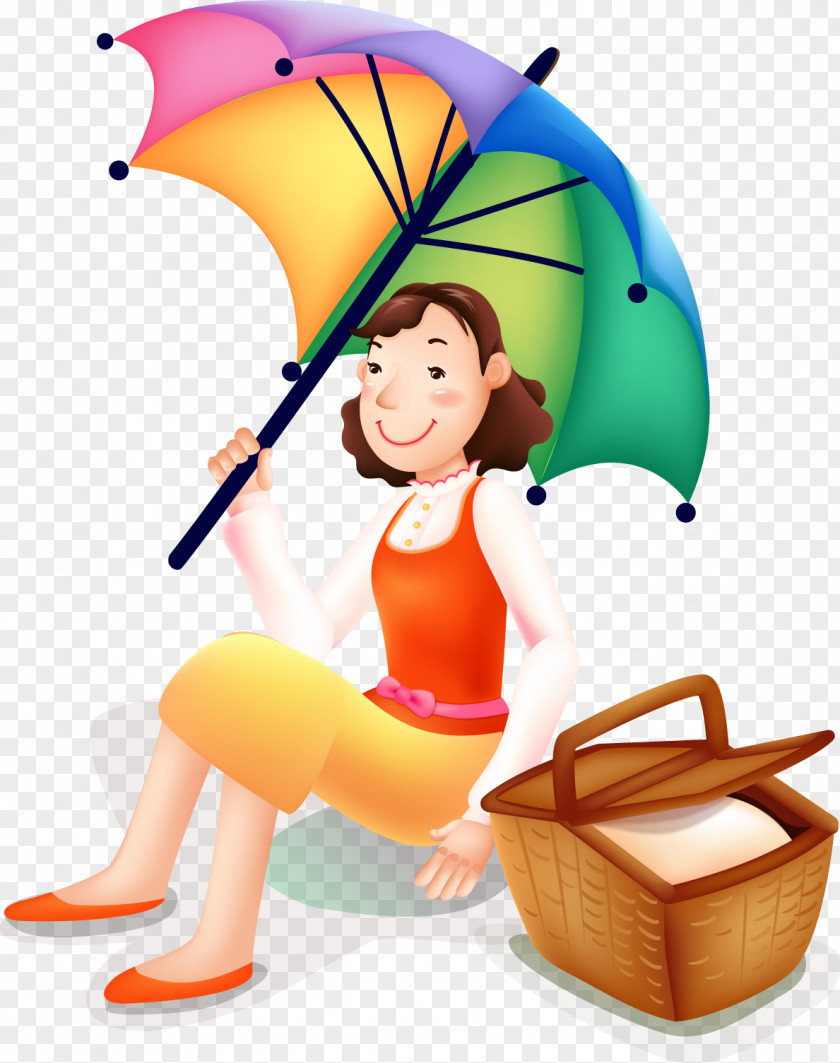 Vector Picnic Woman Holding Umbrella Clip Art PNG