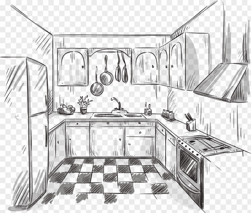 Hand-painted Kitchen Clean Drawing Interior Design Services Sketch PNG