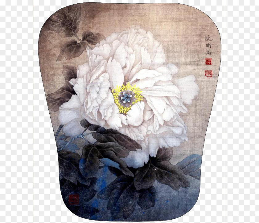 White Peony Background Material On The Fan Ink Wash Painting Chinese Gongbi Art PNG