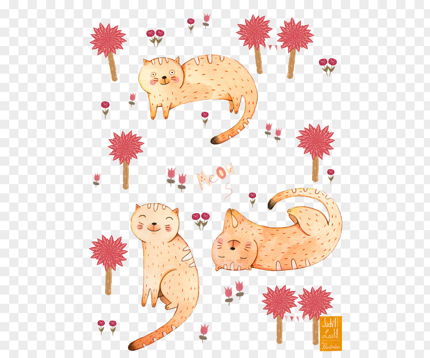 Hand-painted Pink Cat Pattern Illustrator Art Illustration PNG