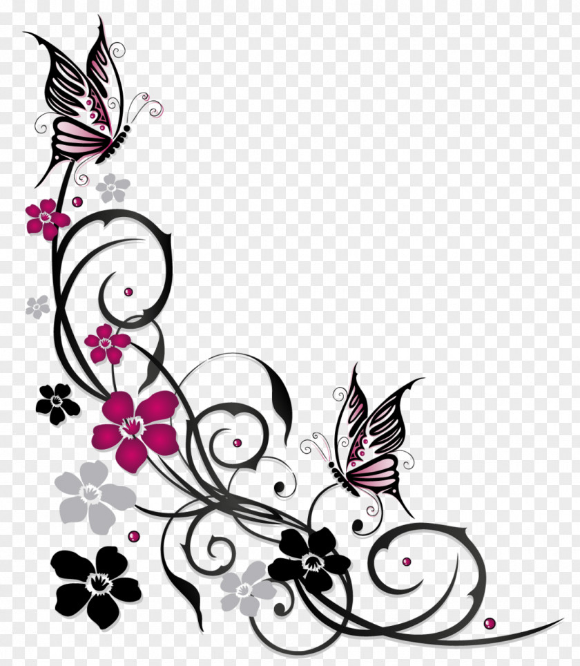 Butterfly Flower Ornament PNG Ornament, flowers butterfly border, purple and black swirl borderline illustration clipart PNG