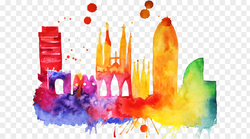 Watercolor Ink Dot City Building Barcelona Skyline Painting Art PNG