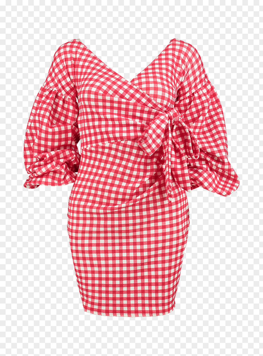 Red Gingham Polka Dot Shoulder Sleeve Nightwear Dress PNG