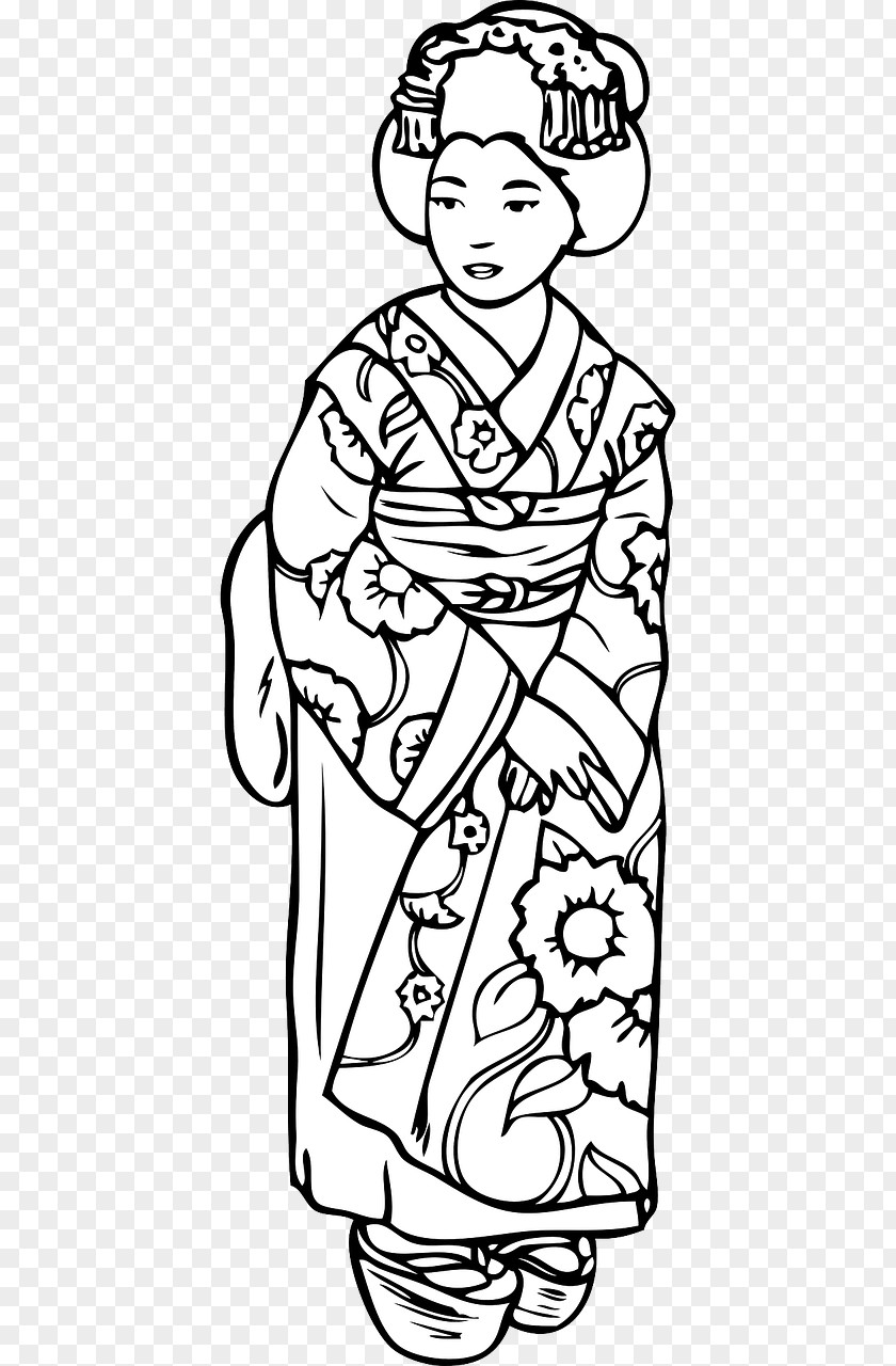 Japanese Woman Geisha Vector Graphics Coloring Book Clip Art Image PNG