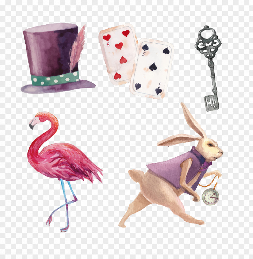 Watercolor Painted Rabbit Hat Keys Poker PNG painted rabbit hat poker, rabbit, flamingo, playing card, magician hat, and cards illustration clipart PNG