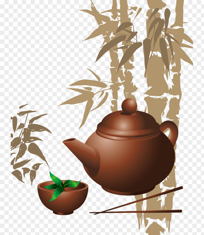 Vector Hand-painted Bamboo And Teapot Teacup Illustration PNG