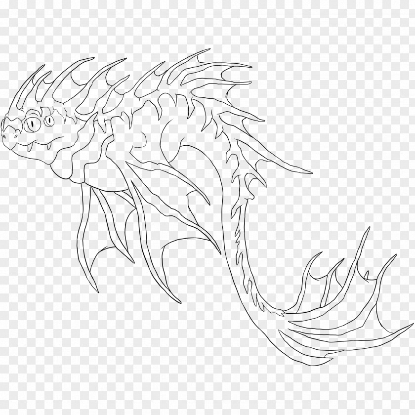 Dragon Fish Line Art White Sketch PNG