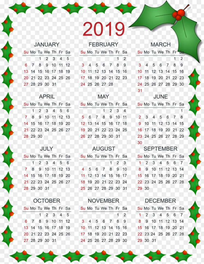2019 Calendar Christmas. PNG