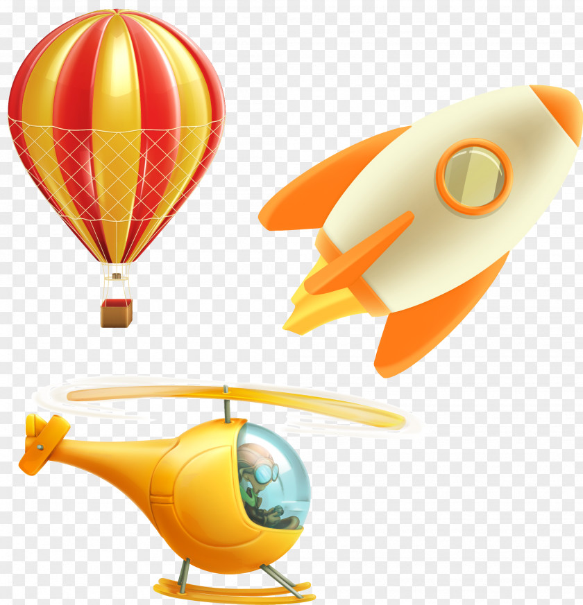 Vector Cartoon Cute Hot Air Balloon Helicopter Rockets Airplane Flight Stock Illustration PNG