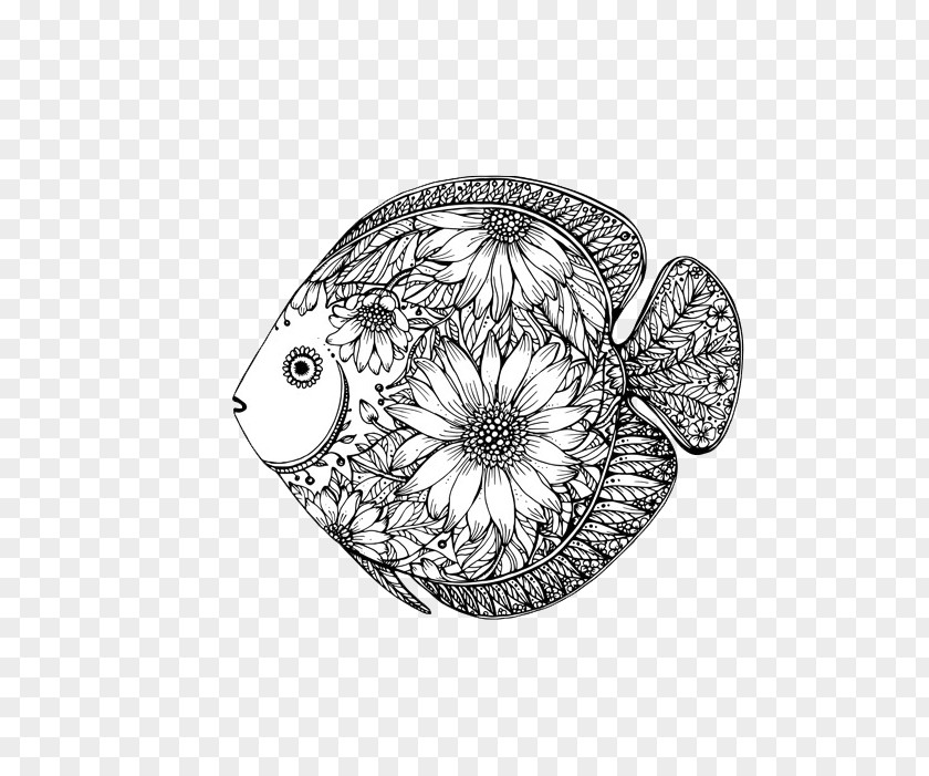 Black Fish Design Drawing Floral PNG