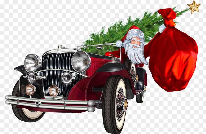 Cartoon Santa Claus Classic Car Vintage Clip Art PNG