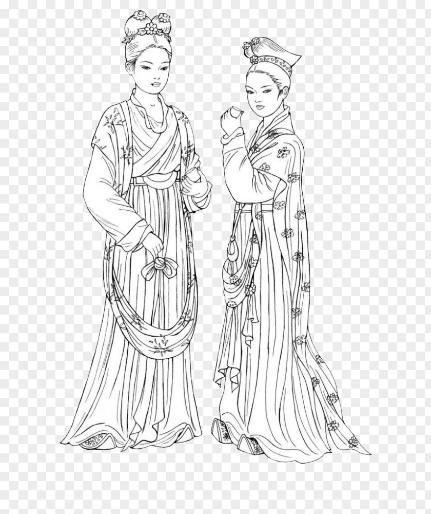 Tang Women Dynasty Chinese Fashions Coloring Book Clothing PNG