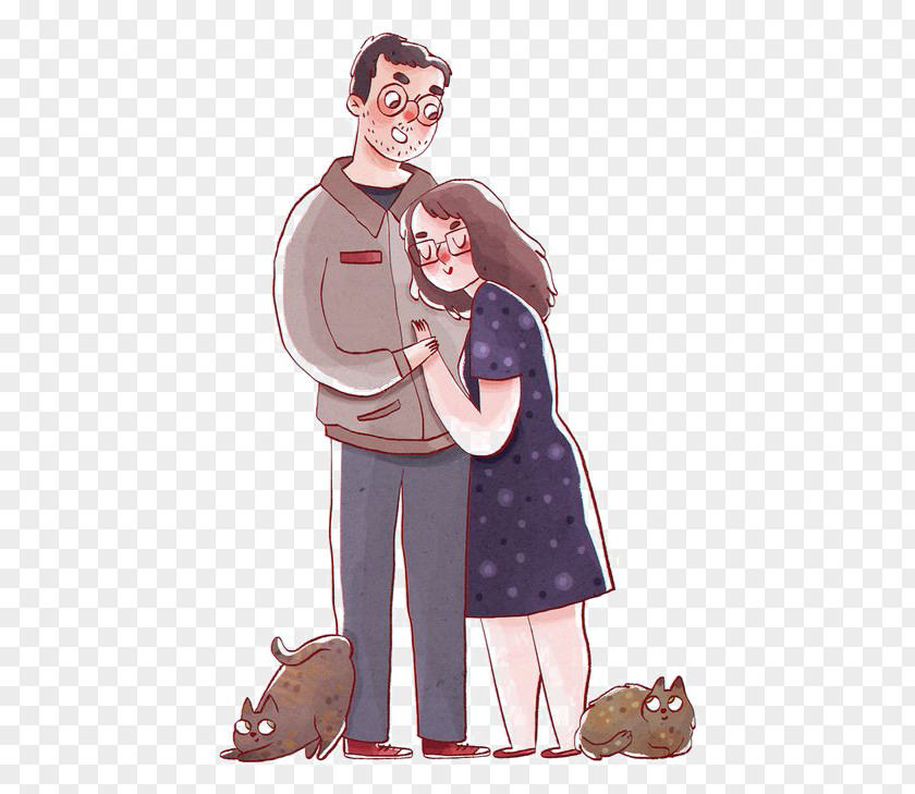 Cartoon Couple Drawing Watercolor Painting Illustration PNG