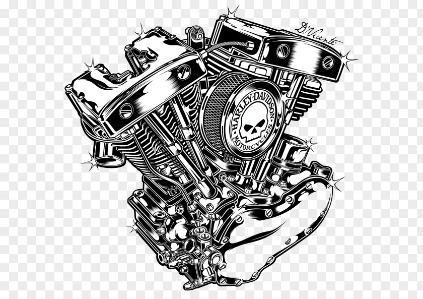 Black And White Mechanical Skeleton Motorcycle Engine V-twin Harley-Davidson PNG
