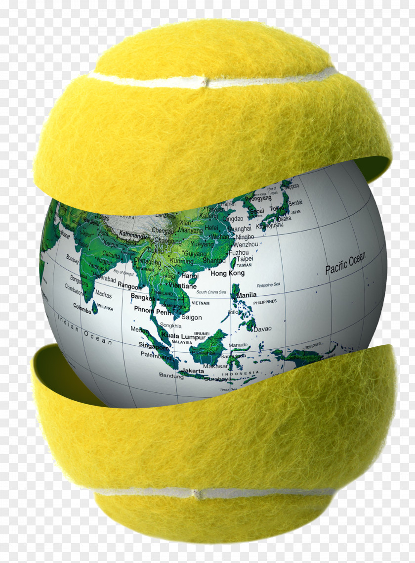 Modern Creative Yellow Tennis Globe World Map Wallpaper PNG