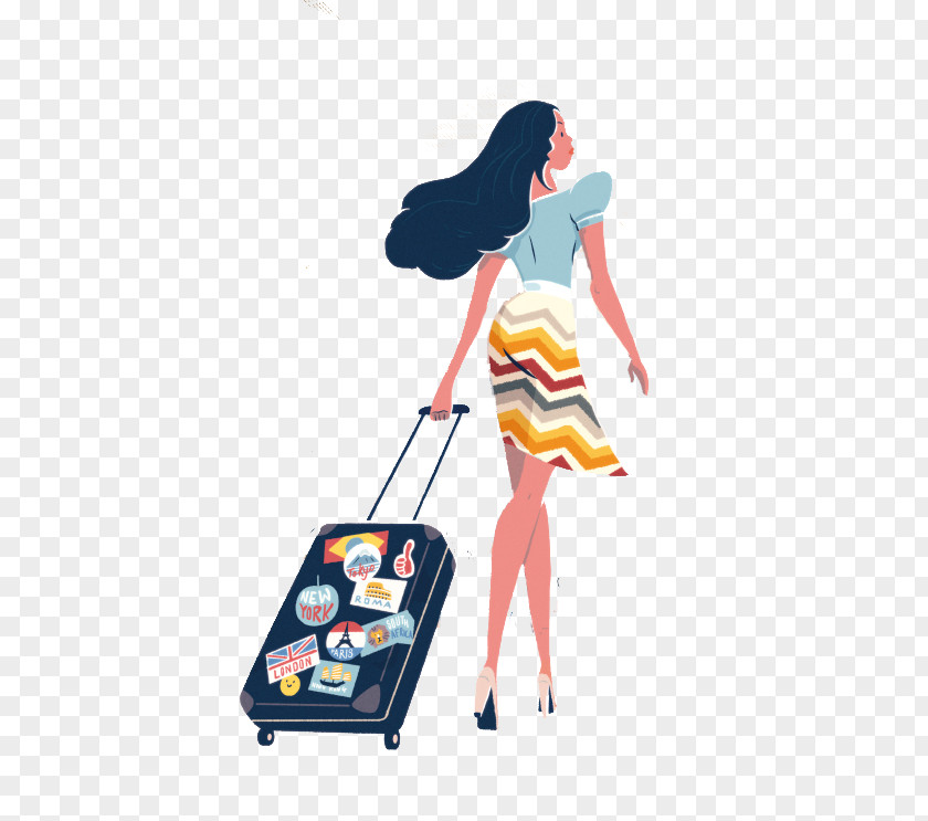 Pretty Girl's Travels Suitcase Illustration PNG